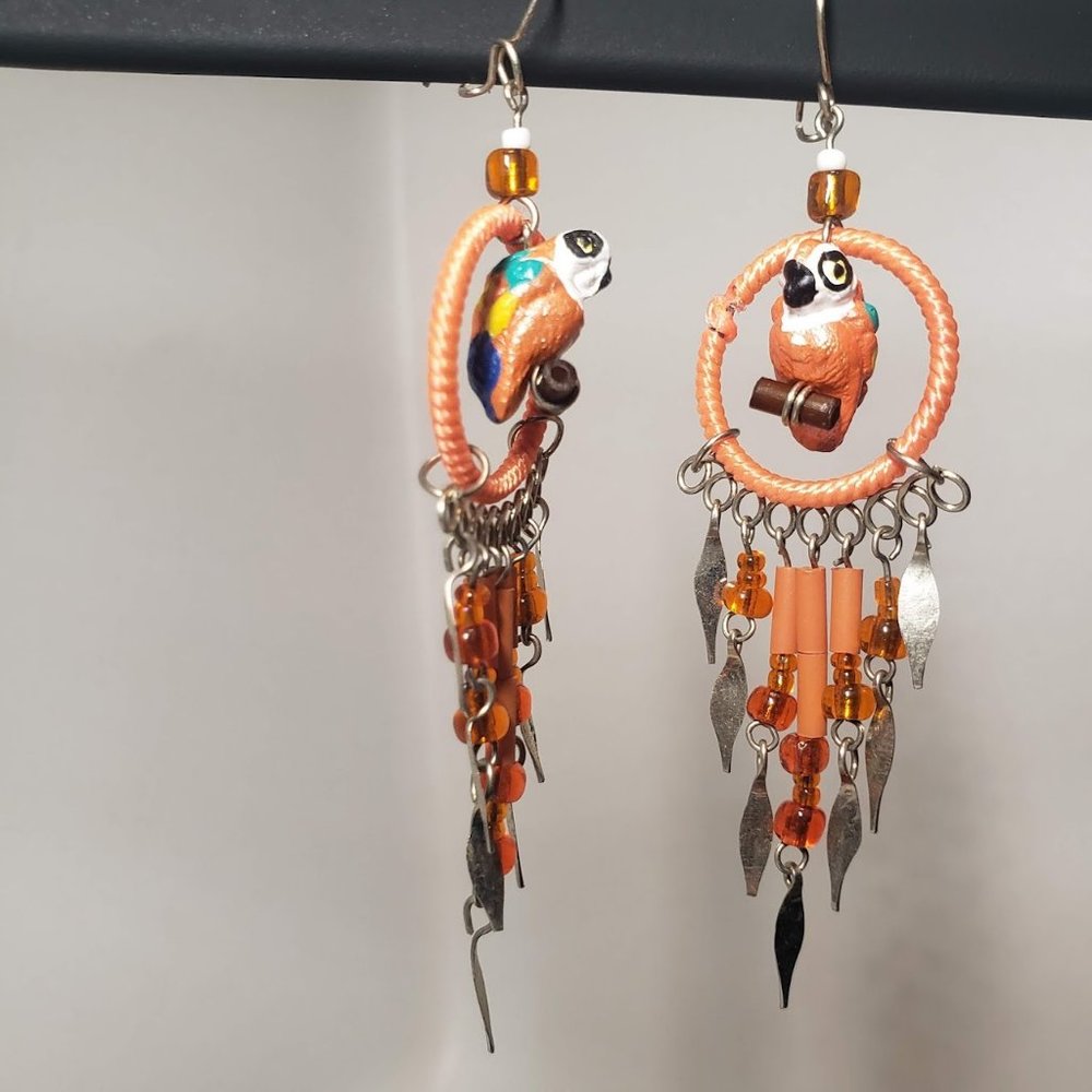 Handmade perching parrots birds earrings Super adorable Approximately 3" long